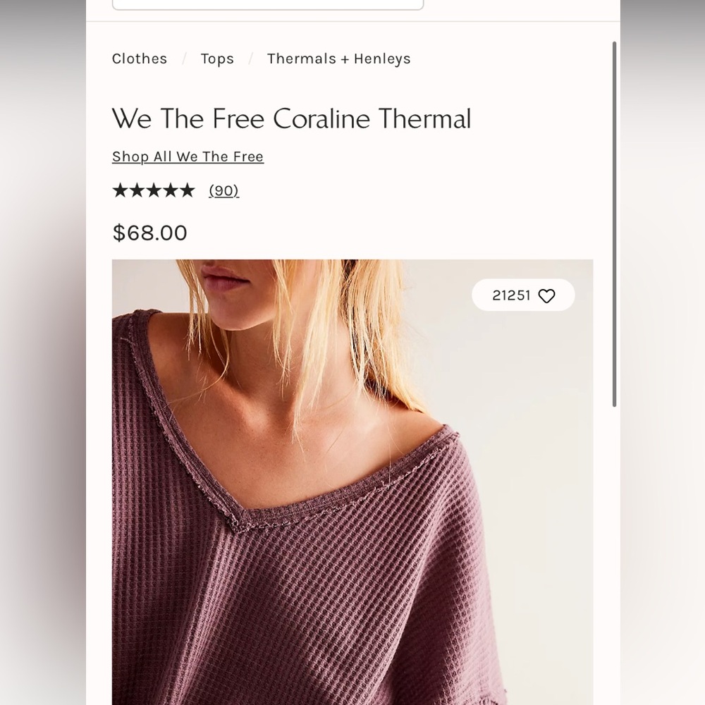 Free people “We the free coralline thermal”, waffle sweater/shirt